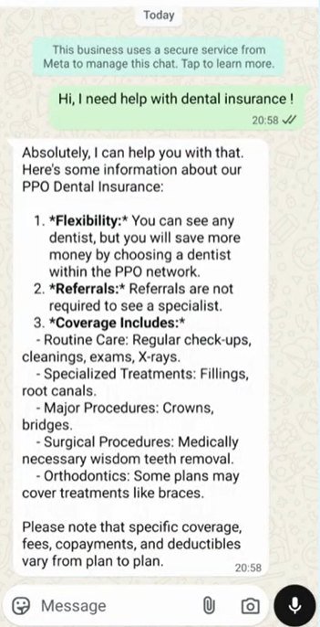 WhatsApp assistant answering a dental insurance question in English