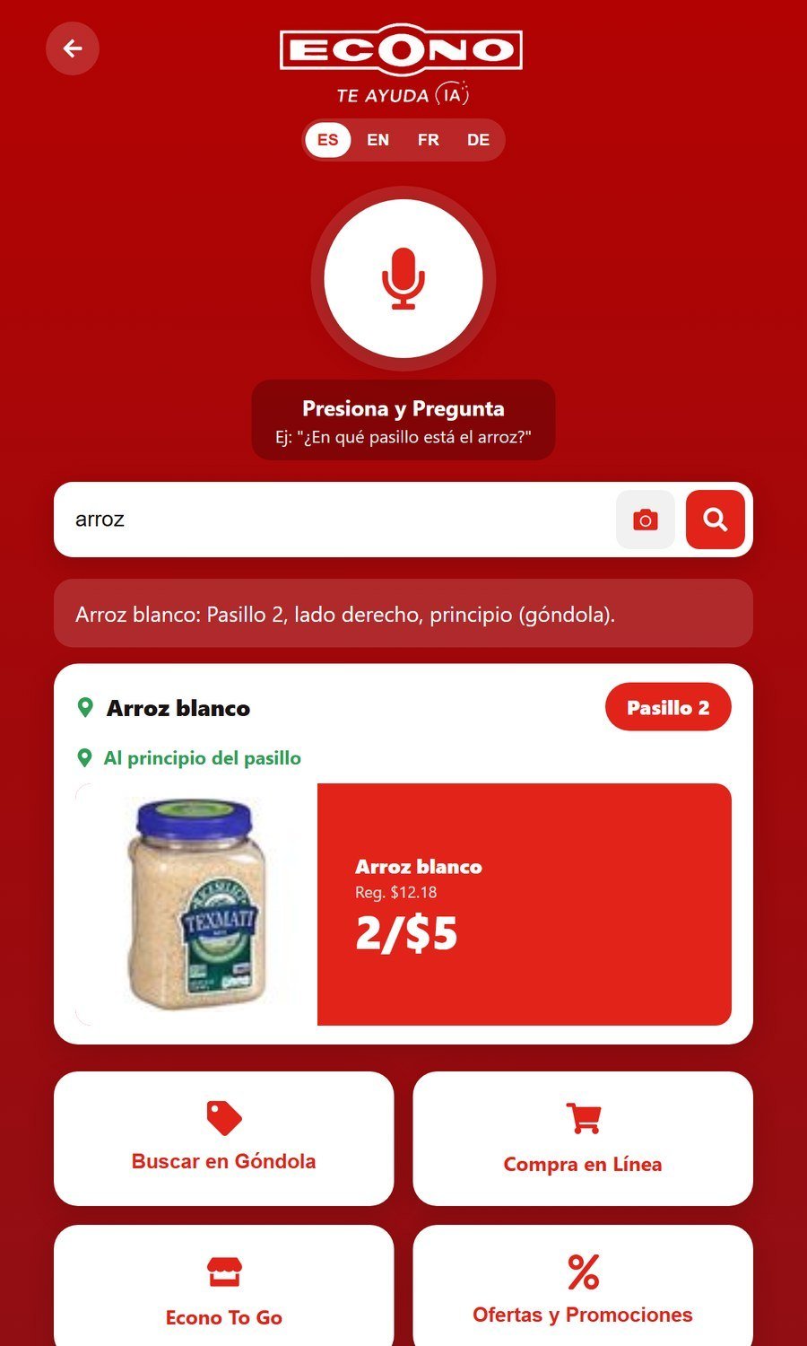Kiosk answer showing rice in aisle 2
